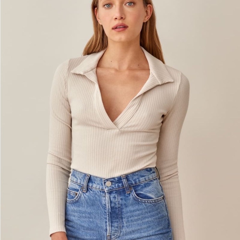 REFORMATION Hailey Long-Sleeve Collared Bodysuit SIZE L 🤍 EUC